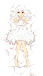  barefoot blush carry_me dakimakura dress flower full_body highres kobasa_(takubokutyou-v) legs long_hair lying monogatari_(series) on_back otorimonogatari outstretched_arms red_eyes ribbon sengoku_nadeko smile snake_hair solo white_hair 