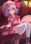  bad_id bad_pixiv_id bat_wings boots chair cross-laced_footwear dress hat high_heel_boots high_heels lace-up lace-up_boots mob_cap oniku_(shimofuri-ke) pink_dress purple_hair red_eyes remilia_scarlet short_hair sitting smile solo thighhighs touhou wings 