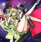  1girl adapted_costume alternate_costume back_bow bare_legs bishoujo_senshi_sailor_moon black_hair bow breasts c.c. cape carrying code_geass cosplay creayus elbow_gloves gloves green_hair hair_bow high_heels lelouch_lamperouge magical_girl mask medium_breasts petals pizza_box princess_carry sailor_collar sailor_senshi_costume sailor_senshi_uniform tuxedo tuxedo_kamen tuxedo_kamen_(cosplay) upskirt white_gloves yellow_eyes 