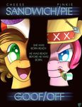  arrow arrowed blue_eyes brown_hair cheese_sandwich_(mlp) english_text equine face/off female friendship_is_magic fur green_eyes hair happy hat horse male mammal movie_poster my_little_pony open_mouth orange_fur paradigmpizza parody pink_fur pink_hair pinkie_pie_(mlp) pony text 