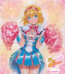  adapted_costume alice_margatroid blonde_hair blue_eyes blue_skirt breasts capelet cheerleader cleavage cleavage_cutout hairband head_tilt heart_cutout lolita_hairband looking_at_viewer mayo_riyo medium_breasts pom_poms short_hair skirt smile solo touhou wrist_cuffs 