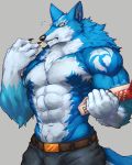  abs anthro canine captainjohkid claws clothed clothing digital_media_(artwork) fur hi_res male mammal muscular muscular_male pecs topless wolf 