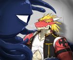  abs against_wall anthro biceps black_body blonde_hair clothing delga dragon green_eyes hair horn jacket kuromaru male muscles pecs plain_background red_body ryuukikeito scalie shirt sweat tattoo teeth tentacles torn_clothing video_games white_body 