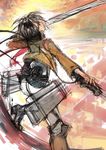  boots cable creayus cropped_jacket dual_wielding holding knee_boots mikasa_ackerman paradis_military_uniform red_scarf scarf shingeki_no_kyojin sketch solo sword three-dimensional_maneuver_gear weapon 