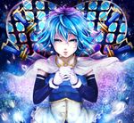  arm_warmers blue_eyes blue_hair blush cape gloves hands_clasped heart lips magical_girl mahou_shoujo_madoka_magica miki_sayaka own_hands_together pesoko short_hair skirt stained_glass sword tears water_drop weapon white_gloves 