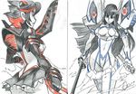  2girls alex_ahad ass black_hair blue_eyes boots breasts cleavage_cutout elbow_gloves gloves junketsu katana kill_la_kill kiryuuin_satsuki large_breasts long_hair marker_(medium) matoi_ryuuko multicolored_hair multiple_girls navel red_hair revealing_clothes scabbard scissor_blade senketsu sheath short_hair suspenders sword thigh_boots thighhighs traditional_media two-tone_hair underboob weapon 