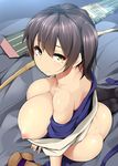  ass bare_shoulders black_legwear bow_(weapon) breasts brown_hair dimples_of_venus from_above from_behind highres huge_breasts japanese_clothes kaga_(kantai_collection) kantai_collection light_smile looking_at_viewer mikage_kirino nipples partially_undressed ponytail revision shiny shiny_skin short_hair side_ponytail sitting solo thighhighs wariza weapon yellow_eyes 