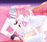  1girl couple dress eyewear_removed foreshortening glasses hair_down hetero holding holding_eyewear implied_kiss inumuta_houka jakuzure_nonon kill_la_kill pink_hair sea_(azure_pastel) sidelocks uniform wrist_cuffs 