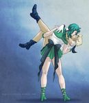  back_bow bishoujo_senshi_sailor_moon blonde_hair blue_footwear blue_sailor_collar boots bow carrying chronomorphosis closed_eyes gloves green_hair kaiou_michiru kiss magical_girl multiple_girls outer_senshi pale_skin princess_carry sailor_collar sailor_neptune sailor_senshi_uniform sailor_uranus short_hair skirt strappy_heels ten'ou_haruka tiara very_short_hair watermark web_address white_gloves yuri 