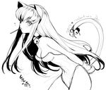  animal_ears arms_behind_back bell bell_collar c.c. cat_ears cat_tail code_geass collar creayus dated food food_in_mouth greyscale kemonomimi_mode kittysuit leotard long_hair monochrome mouth_hold pocky solo tail tail_bell 