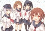  akatsuki_(kantai_collection) alternate_hairstyle black_hair blue_eyes brown_eyes brown_hair fang hair_ornament hair_twirling hairclip hat hibiki_(kantai_collection) ikazuchi_(kantai_collection) inazuma_(kantai_collection) kantai_collection komeshiro_kasu long_hair long_sleeves looking_at_viewer multiple_girls neckerchief open_mouth pantyhose red_neckwear school_uniform serafuku short_hair silver_hair skirt smile twintails two_side_up 