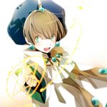  1boy ascot_(rayearth) blush brown_hair child coat earrings green_eyes hat iyutani jewelry magic_knight_rayearth male male_focus open_mouth short_hair solo 