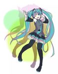  aoi_koto_madoka aqua_eyes aqua_hair boots detached_sleeves hatsune_miku headset long_hair necktie one_eye_closed open_mouth skirt solo thigh_boots thighhighs twintails very_long_hair vocaloid 