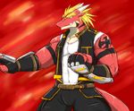 anthro belt biceps blonde_hair bulge clothed clothing delga dragon gloves green_eyes hair horn invalid_tag jacket male muscles pants pecs plain_background pose red_background red_body ryuukikeito scalie shirt solo standing tattoo teeth video_games 