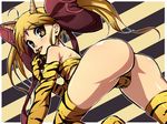  :p animal_print ass bare_shoulders blonde_hair c-low detached_sleeves highres horns long_hair looking_at_viewer looking_back oni solo thighs third_eye tiger_print tongue tongue_out twintails yellow_eyes 