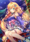  1girl ahoge arm_support azur_lane bangs blonde_hair blue_footwear blue_kimono blurry blurry_background blush braid breasts bridge detached_sleeves fan floral_print folding_fan gold_trim green_eyes hair_ornament holding holding_fan japanese_clothes kimono large_breasts le_temeraire_(azur_lane) light_particles long_hair looking_at_viewer low-tied_long_hair night obi pumps riichu sash short_kimono sitting smile solo thigh_strap twin_braids very_long_hair wide_sleeves 