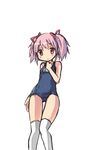  bad_id bad_pixiv_id blush hair_ribbon kaname_madoka knees_together kyabechi mahou_shoujo_madoka_magica one-piece_swimsuit pink_eyes pink_hair ribbon school_swimsuit short_twintails simple_background solo swimsuit thigh_gap thighhighs translated twintails white_background 
