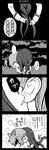  2girls 4koma akemi_homura biting black_border border braiding_hair close-up closed_eyes comic ear_biting from_side greyscale hair_ribbon hairdressing highres homu kaname_madoka lips long_hair mahou_shoujo_madoka_magica mahou_shoujo_madoka_magica_movie monochrome multiple_girls open_mouth otoufu partially_translated ribbon school_uniform short_twintails smile speech_bubble spoilers talking text_focus translation_request twintails yuri 