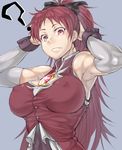  ? alternate_breast_size armpits arms_up breasts detached_sleeves fang gem hair_ribbon large_breasts long_hair mahou_shoujo_madoka_magica muscle muscular_female ouka_(oukakaka) ponytail red_hair ribbon sakura_kyouko simple_background skin_tight solo soul_gem 