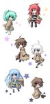  5girls :d ahoge aussa bad_id bad_pixiv_id blue_eyes blue_hair blush brown_eyes brown_hair chibi cuffs dharc duel_monster eria glasses green_eyes green_hair hiita jacket long_hair looking_at_viewer lyna multiple_girls one_eye_closed open_mouth ponytail red_eyes red_hair short_hair smile star suijou_haruka white_hair wynn yuu-gi-ou 