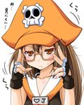  bespectacled blush brown_hair fingerless_gloves glasses gloves guilty_gear hat long_hair may_(guilty_gear) orange_eyes orange_hat pirate_hat ponkotsu sailor_collar semi-rimless_eyewear solo under-rim_eyewear 