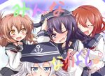  ^_^ akatsuki_(kantai_collection) blue_eyes blush brown_eyes brown_hair closed_eyes fang folded_ponytail hair_ornament hairclip hat hibiki_(kantai_collection) ikazuchi_(kantai_collection) inazuma_(kantai_collection) kantai_collection long_hair long_sleeves looking_at_viewer miyamaru multiple_girls nanodesu_(phrase) one_eye_closed open_mouth school_uniform serafuku short_hair silver_hair skirt smile translated triangle_mouth upper_body 