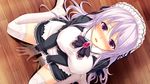  1girl blush breasts chobipero game_cg highres large_breasts legs long_hair looking_up maid maid_headdress no_shoes open_mouth purple_eyes purple_hair shin_shirogane_no_soleil_reanswer sitting solo tears thighs white_legwear wooden_floor 