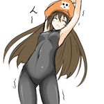  armpits breasts brown_hair closed_eyes covered_navel cowboy_shot guilty_gear hat may_(guilty_gear) orange_hat pirate_hat ponkotsu sleeveless small_breasts solo stretch unitard 