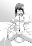  1girl absurdres aliasing alternate_costume amami_haruka bangs bedwetting blunt_bangs blush breasts collarbone embarrassed erect_nipples eyebrows_visible_through_hair female greyscale highres idolmaster keigen_hichou long_sleeves looking_down medium_breasts monochrome nose_blush on_bed open_mouth pajamas pants peed_self pillow puddle shiny shiny_hair shirt short_hair sitting solo spread_legs sweat wet wet_clothes 