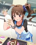  :d ahoge apron baking blush brown_hair grin hair_ribbon idolmaster idolmaster_million_live! jewelry necklace official_art open_mouth pastry_bag ponytail purple_eyes ribbon side_ponytail smile solo v-shaped_eyebrows yokoyama_nao 