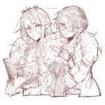  2boys adapted_costume androgynous animification beanie bishounen book braid center_frills coat commentary cropped_torso crystal_earrings dream_smp earrings english_commentary eyes_visible_through_hair fingerless_gloves frills fur-trimmed_coat fur_trim glasses gloves hair_between_eyes hair_over_one_eye hand_on_another's_shoulder hat highres holding holding_book humanization jewelry keitsuki_akiho long_hair long_sleeves looking_at_another looking_at_object male_focus minecraft_youtube monochrome multiple_boys open_clothes open_coat pointed_crown pointy_ears round_eyewear scar scar_on_face scar_on_nose short_hair simple_background single_braid single_earring sketch technoblade white_background wilbur_soot 