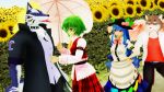  3d_(artwork) anthro blood blue_hair bound canine cat clothed clothing digital_media_(artwork) dress feline female fenrir_(housamo) flower green_hair hair hat human kemono male malicekira mammal mohawk peach_fruit plant punch red_eyes rope rope_bondage rope_harness sitri spitting_blood sunflower tenshi_hinanawi tokyo_afterschool_summoners touhou umbrella wings wolf yuuka_kazami 