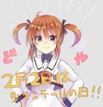  bad_id bad_pixiv_id hands_on_hips long_sleeves looking_at_viewer lowres lyrical_nanoha mahou_shoujo_lyrical_nanoha mahou_shoujo_lyrical_nanoha_a's purple_eyes red_hair school_uniform seishou_elementary_school_uniform short_twintails smile solo takamachi_nanoha translation_request twintails yuukome_(tekunon) 