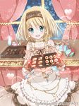  baking_sheet blonde_hair blue_eyes braid checkerboard_cookie cookie curtains earrings food gift heart hiro_(hirohiro31) jewelry original oven_mitts seiten_ragnarok short_hair solo twin_braids window 