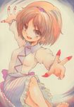  absurdres ballpoint_pen_(medium) barefoot blouse brown_eyes brown_hair gradient gradient_background hairband highres leg_up looking_at_viewer marker_(medium) nib_pen_(medium) nishina_masato open_mouth outstretched_arms purple_hairband short_hair skirt solo spread_arms touhou traditional_media tsukumo_yatsuhashi 