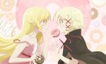  2girls absurdres black_cloak blonde_hair blush_stickers braid cloak deathtopia_virtuoso_suicide-master doughnut dress eyeshadow food food_in_mouth hair_ribbon highres holding holding_doughnut holding_food leo.comics long_hair looking_at_another makeup monogatari_(series) multiple_girls oshino_shinobu pink_dress pointy_ears red_eyeshadow red_ribbon ribbon short_hair side_braid smile strap_slip wazamonogatari wide-eyed yellow_eyes 