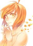  302 absurdres bad_id bad_pixiv_id collarbone flower hands highres looking_at_viewer nude orange_eyes orange_hair petra_ral shingeki_no_kyojin short_hair smile solo upper_body white_background wind 