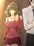  1girl angelo_(gomahangetsu) aqua_eyes breasts cardigan chocolate chocolate_heart cleavage fringe_trim glasses green_eyes heart heterochromia highres idolmaster idolmaster_cinderella_girls jewelry large_breasts necklace open_cardigan open_clothes parted_lips producer_(idolmaster_anime) sketch skirt takagaki_kaede 