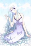  absurdly_long_hair aqua_hair bad_id bad_pixiv_id barefoot blue_eyes dress duel_monster eteraito full_body head_tilt highres holding holding_hair light_smile long_hair maiden_with_eyes_of_blue sitting smile solo very_long_hair yokozuwari yuu-gi-ou yuu-gi-ou_duel_monsters 