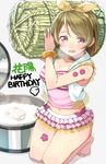  arms_up bare_shoulders barefoot blush bracelet breasts breath brown_hair bushel carrying choker cleavage flower hair_ribbon happy_birthday haruken jewelry kneeling koizumi_hanayo looking_at_viewer love_live! love_live!_school_idol_project medium_breasts midriff natsuiro_egao_de_1_2_jump! navel open_mouth purple_eyes ribbon rice rice_cooker short_hair skirt solo steam tattoo 