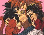  abs arm_around_shoulder black_hair blue_eyes dragon_ball dragon_ball_gt evil_grin evil_smile fur gloves gogeta grin looking_at_viewer male_focus multiple_boys muscle nitako no_nipples open_mouth red_hair shirtless smile son_gokuu spiked_hair super_saiyan super_saiyan_4 sweat tail tongue tongue_out vegeta yellow_eyes 