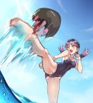 1girl attack_trail blue_eyes blue_hair breasts clenched_hands commentary_request covered_navel earrings from_below hand_up highres jewelry kicking kris_(pokemon) long_hair medium_breasts one-piece_swimsuit open_mouth outstretched_leg poke_ball poke_ball_(basic) pokemon pokemon_(creature) pokemon_adventures pyukumuku sky star_(symbol) star_earrings sunlight sweatdrop swimsuit twintails water yasu_suupatenin 