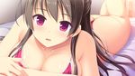  ass bad_id bad_yandere_id bikini blush breasts brown_hair cleavage collarbone foreshortening ichijou_aoi large_breasts long_hair looking_at_viewer lying melty_moment on_stomach parted_lips purple_eyes shiny shiny_skin side-tie_bikini smile solo swimsuit takayaki thong_bikini 