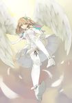 angel_wings bare_shoulders blonde_hair boots dress elbow_gloves feathers flying gloves green_eyes hair_ornament highres looking_down original pointy_ears short_hair shorts smile solo thigh_boots thighhighs u_nagi white_gloves wings 