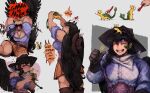  1girl absurdres animal_ears antlers audible_music bandana black_hair black_wings blue_shirt breasts cowboy_hat dragon_horns dragon_tail feathered_wings fire gloves hat heart highres horns horse_ears kicchou_yachie kiss kurokoma_saki long_hair looking_at_viewer muscular muscular_female off_shoulder open_mouth overalls ponytail red_eyes screaming shirt short_hair short_sleeves simple_background skirt sleep_(isliping) smile sound tail toothbrush touhou wings 
