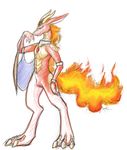  anthro cape claws demon fire fur green_eyes hair horn long_ears long_hair male nude packmind plain_background salamander scales solo standing toe_claws white_background 