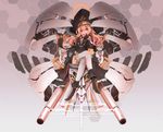  apple black_dress black_gloves blonde_hair boots cannon chair dress eating elbow_gloves fingerless_gloves food fruit full_body gloves grey_legwear hat high_heels isegawa_yasutaka long_hair looking_at_viewer majoca_majoluna mecha_musume original revision sitting solo thighhighs 