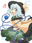  :d black_legwear blue_eyes blush boots eyebrows eyebrows_visible_through_hair hat heart iroyopon komeiji_koishi long_sleeves looking_at_viewer musical_note one_eye_closed open_mouth pantyhose silver_hair skirt smile solo third_eye touhou 