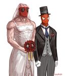  2boys deadpool dress male male_focus marvel multiple_boys simple_background spider-man spider-man_(series) wedding_dress 