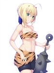  ahoge animal_print artoria_pendragon_(all) bike_shorts blonde_hair blush breasts cleavage club fate/stay_night fate_(series) green_eyes hair_ribbon highres horns medium_breasts oni ribbon saber skylader solo spiked_club tiger_print underboob weapon 